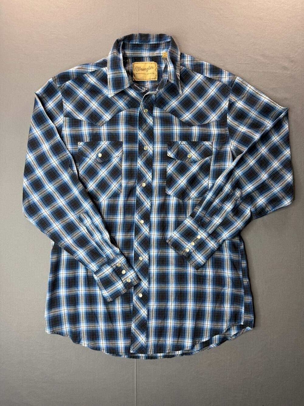 Wrangler Western Shirts Mens Med Blue Plaid Long Sleeve Pearl Snap Cowboy Shirt